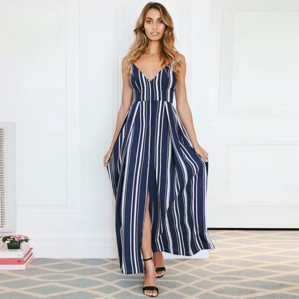NEW Bohemian Long Sleeveless Striped Maxi Dress